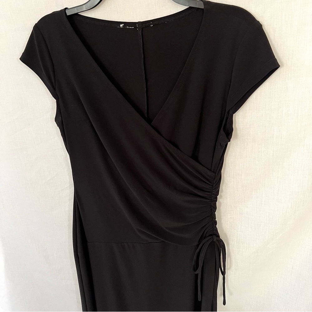 **SOLD** Black Faux Wrap Midi Dress with Flattering Ruched Waist Size 8 - Picture 7 of 9